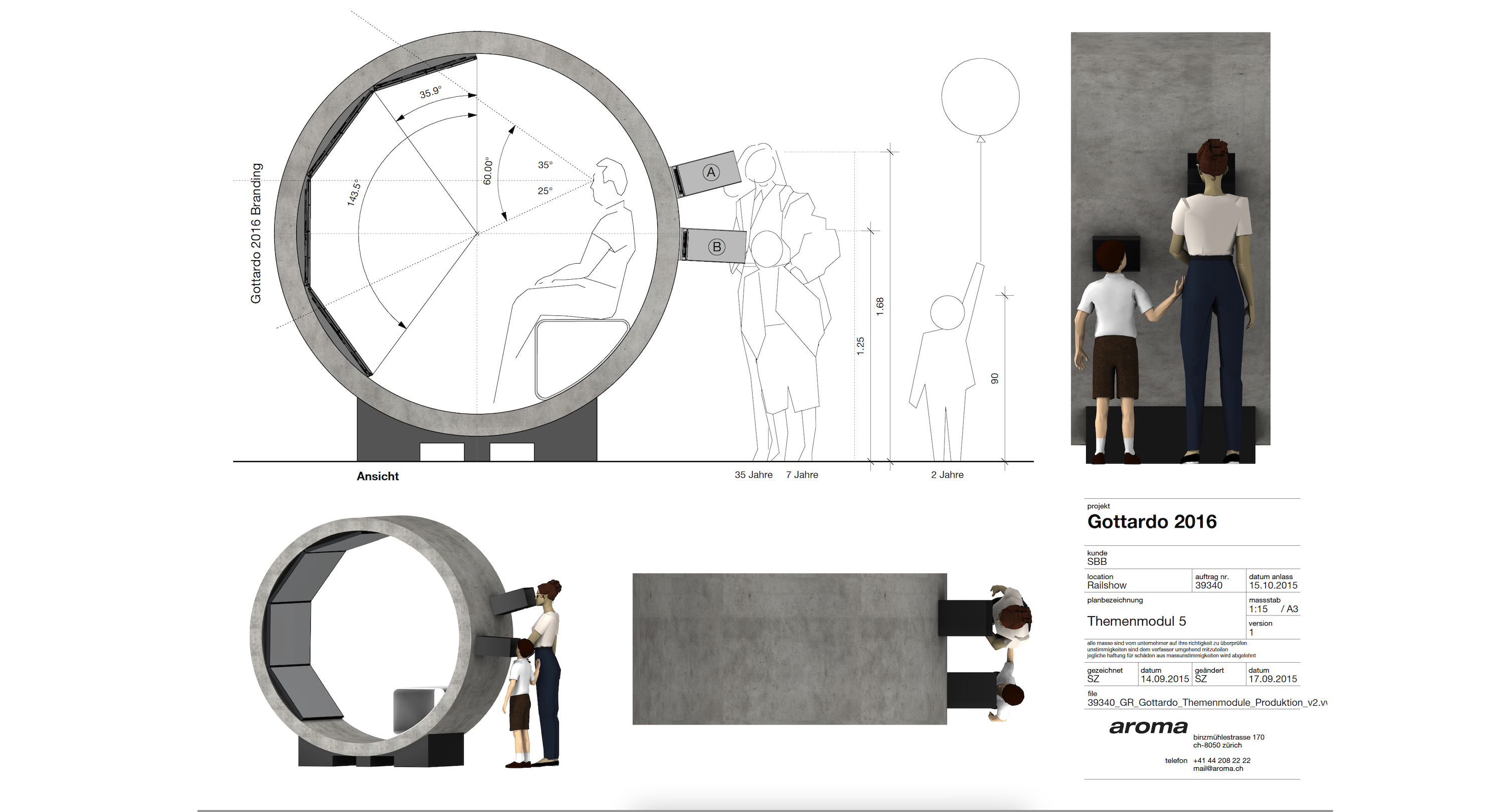 Technical production drawing of a Gottardo 2016 tunnel module — elevation, section and human-scale study